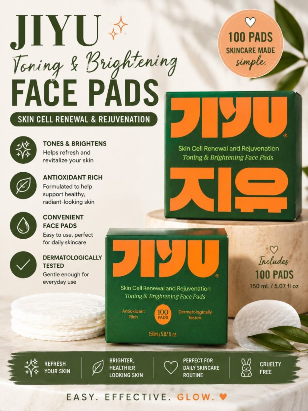 JIYU Toning & Brightening Face Pads 100 Count Skin Renewal Antioxidant Skincare